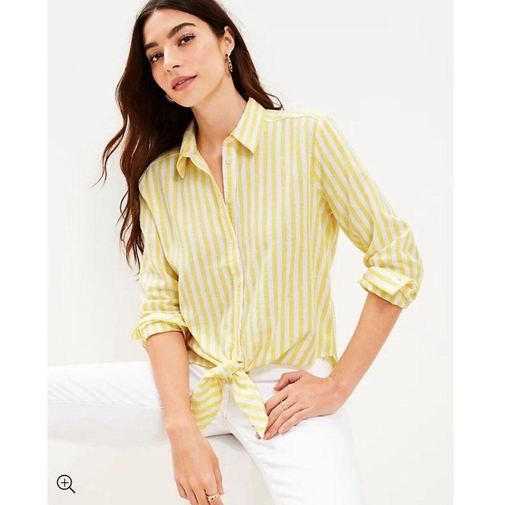 LOFT Yellow and White Tie Front Button Down Shirt